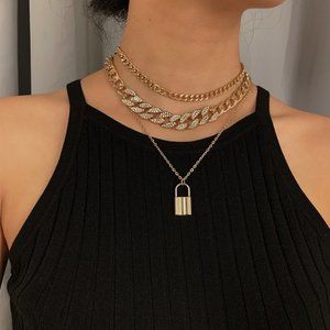 Gold Multi Layered Lock Multi layered Luxury Bling Bling Rhinestones